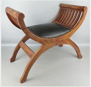 美品 カルティニチェア 無垢 鋲打ち スツール アジアン バリ家具 レザー 革張 椅子 103SF180