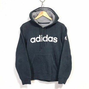 H5431dL adidas アディダス サイズM スウェットパーカー フードパーカー プルオーバー ブラック ロゴプリント USED 古着 メンズ 