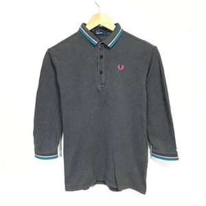 H5715dL 日本製 FRED PERRY フレッドペリー サイズS 七分袖ポロシャツ シャツ グレー メンズ 綿100% コットン USED 古着 ヒットユニオン