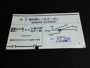 【国鉄企画券】　「都市間レールクーポン(普通乗車券・自由席特急券)」名古屋市内⇔太線内間内の１駅　S62.1.23　名古屋駅発行　[二つ折れ]