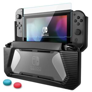 【F112-黒-SWカバー】Nintendo Switch カバー　ニンテンドースイッチ ケース+ Switch ガラスフィルム＋ 親指キャップ TPU+PC製全面保護