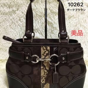 美品　コーチCOACH　レディース　ハンドバッグトートバッグ　肩かけ　ビジネス　フォーマル　キャンバスレザーヘビ柄こげ茶10262