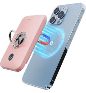  wireless mobile battery high capacity small size charge 6000mAh magnet type LED remainder amount display USB-C port output PSE conform ring attaching pink 