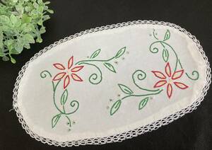 フランス蚤の市　アンティーク　手刺繍　手縫い　ヴィンテージ　ハンドメイド　オーバルドイリー　手仕事　ボビンレース　鮮やかな赤いお花