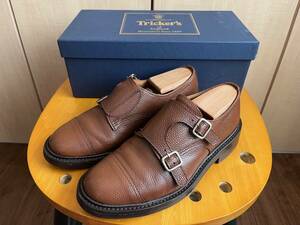 ★美品★Tricker's トリッカーズ M7634 スコッチグレインレザー ブラウン ダブルモンクストラップ 7.5 7 1/2 シューツリー付