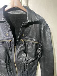 【即決】70s Leather jacket レザージャケット シングルライダース ブラック 黒 ヒッピー TALONジップ 古着 ヴィンテージ