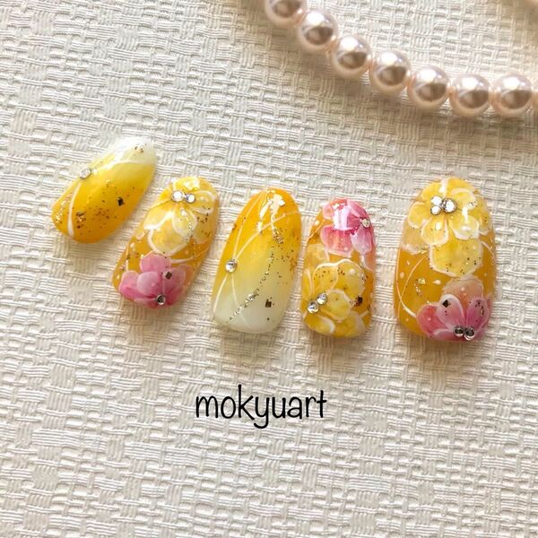mokyuart *73 和風ネイルチップ 成人式 卒業式 色打掛 振袖 和風ネイル 黄色 黄色ネイル イエローネイル 和装