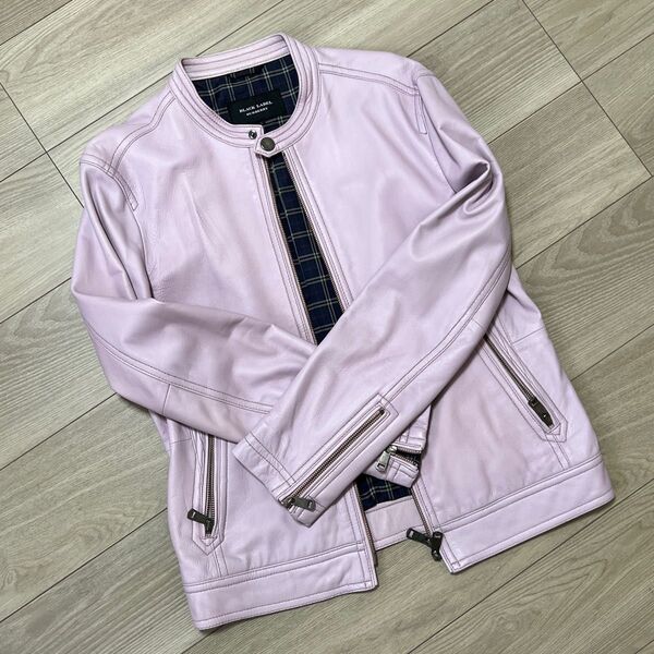 Burberry 羊革ノーカラージャケット ブラックレーベル 桜色 ピンク