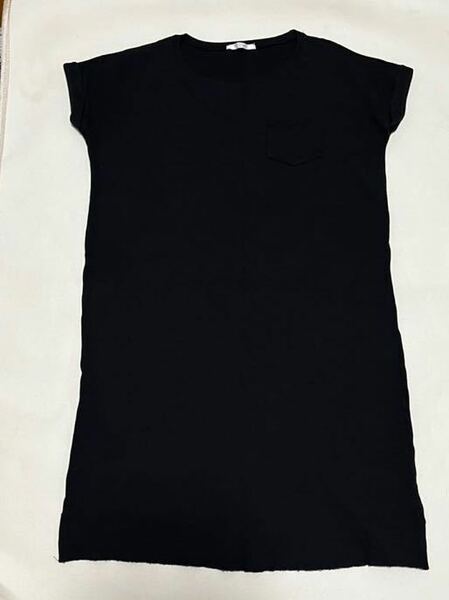 FUN　ファン　ワッフル織り　ロングTシャツ　　チュニック丈　ワンピース　半袖Tシャツ　フリーサイズ　ブラック　胸ポケット