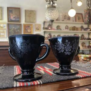  rare!50's~60's black color Hazel Atlas company shuga-& creamer America antique USA Vintage tableware / Mid-century 