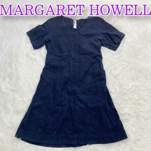 マーガレットハウエル MHL. MARGARET HOWELL リネンコットン ワンピース Uネック ひざ丈 半袖 2 紺 ネイビー レディース