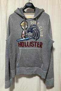 HOLLISTER SURF CLUB ホリスター プルオーバー パーカー アップリケ/刺繍入り グレー 色あせ加工 裏起毛 XL 中古品