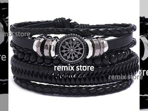 ★Braided leather bracelet 4-piece set 編み込みコンビネーション 黒茶あり ブレスレット リストバンド ヴィンテージ レザー★K141