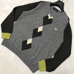 FRED PERRY 【大人気アーガイル柄】フレッドペリー トップス ニット カーディガン セーター 長袖 カジュアル メンズ L グレー 月桂樹ロゴ