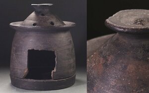 ∇花∇時代陶磁器 黒釉家屋形香炉 窯印あり