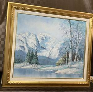 真作 油彩画 油絵 風景画 雪渓　雪景色　F12号　金枠　額縁　空額可能　アンティーク