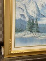 真作 油彩画 油絵 風景画 雪渓　雪景色　F12号　金枠　額縁　空額可能　アンティーク_画像3