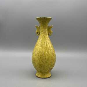 中国 古美術 官窯 黄釉 花瓶 花入 宋代 高さ21cm