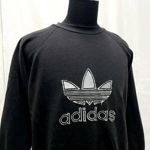 USA古着 80s adidas トレフォイル 刺繍 スウェット 黒 銀ラメ トレーナー アディダス 80年代 ラグラン ヴィンテージ オールド ビッグ ロゴ