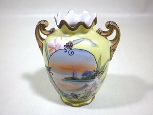 Noritake オールドノリタケ フラワーベース花瓶 壺 M NIPPON印 明治大正期 / 陶磁器 チューリップ 夕焼風車湖畔図 / 里帰り / アンティーク