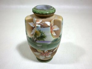 Noritake オールドノリタケ フラワーベース花瓶 壺 M NIPPON印 明治大正期 / 陶磁器 十字 白鳥の湖 花絵図 手描き / 里帰り / アンティーク