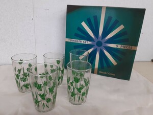 陶器9】未使用 昭和レトロポップ SASAKI GLASS/佐々木硝子 タンブラーグラス 5客セット 緑/グリーン 花柄 プリント ガラス コップ 食器