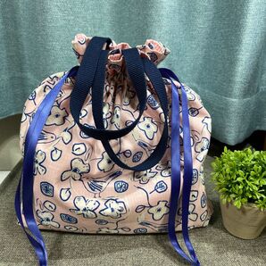 ハンドメイド 花と鳥柄巾着袋 着替え入れ巾着袋