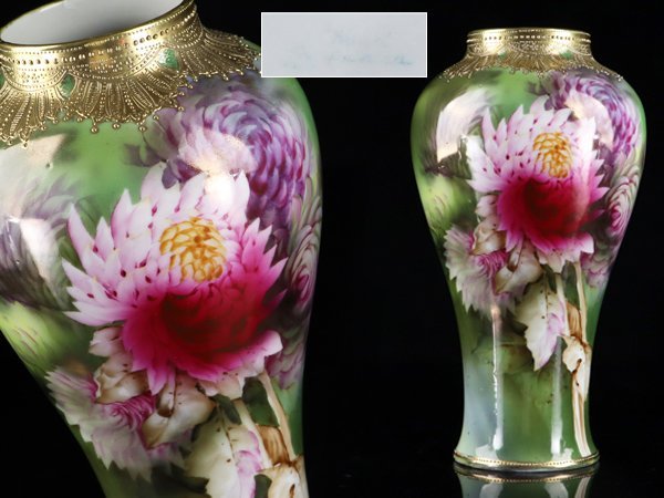 Saki◆Authenticité garantie Ancien tampon feuille d'érable Noritake vers 1891 ~ 1915 Meilleures œuvres soigneusement sélectionnées Décoration dorée peinte à la main Vase à motif de fleurs colorées Urne décorative Hauteur 33 cm, poterie, céramique occidentale, vieux noritake