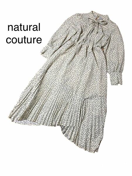 美品　natural couture アシメヘム　ボータイ　プリーツ　ワンピース