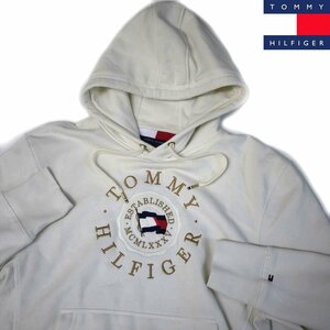 新品 トミーヒルフィガー 刺繍エンブレムロゴ スウェットパーカー (M)白系 オフホワイト 裏フリース TOMMY HILFIGER USAモデル /pa555