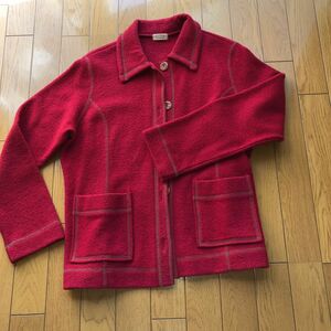 ショールカラーカーディガン　花もめん　真紅　上着　ジャケット　ニット　赤　ポケット付き　ぶたちゃん刺繍