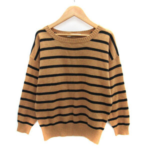  ef-de ef-de knitted sweater 7 minute sleeve round neck border pattern ribbon wool .9 beige black black /SM13 lady's 