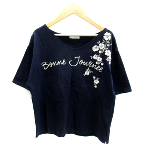 ウィルセレクション WILLSELECTION Tシャツ カットソー 半袖 Vネック 刺繍 花柄 M 紺 ネイビー /SY27 レディース