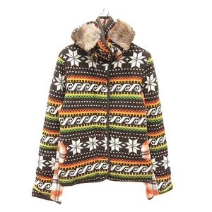  Billabong cotton inside jacket Zip up stand-up collar hood rabbit fur knitted nordic pattern wool switch check total lining L tea 