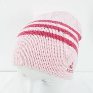 アディダス adidas ゴルフウェア ニット帽 ニットキャップ 帽子 フリー 56cm～58cm ピンク系 ロゴ 文字 刺繍 ライン メンズ