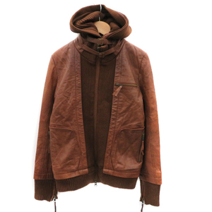  smoked smork leather jacket leather jacket middle height stand-up collar double Zip single with a hood . plain Brown /YK5 lady's 