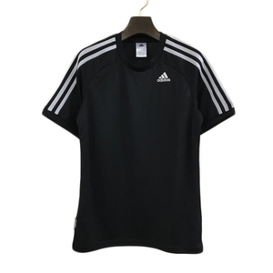 アディダス adidas Tシャツ カットソー プルオーバー クルーネック 刺繍 ロゴ ライン スポーツウェア 半袖 S 黒 白 ブラック ホワイト