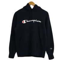 チャンピオン CHAMPION パーカー フーディー トレーナー スウェット フード プリント ロゴ 長袖 LARGE 紺 白 ネイビー ホワイト メンズ_画像1