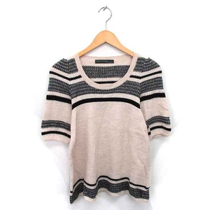 imitoob Energie Ray Beams knitted sweater total pattern ound-necked wool short sleeves beige black light brown black /TT12 lady's 