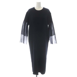 未使用品 アキラナカ AKIRA NAKA Tiia tulle sleeve knit dress ドレス リブニットワンピース チュールスリーブ ロング 長袖 2 紺 ネイビー