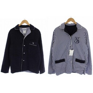 未使用品 マディソンブルー MADISONBLUE 22SS PAJAMAS SH PILE MNS リバーシブル パジャマシャツ 長袖 ストライプ XL 紺 白 メンズ