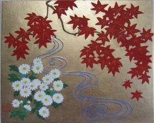 日本画「紅葉」３号　もみじ　小菊　琳派波　金箔　岩絵の具　肉筆画　群青和風パネルアート