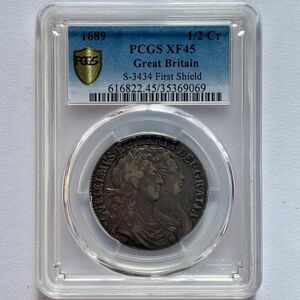 【 希少な単年度発行!! 】1689年 イギリス ウィリアム＆メアリー 1st肖像盾 ハーフクラウン銀貨 PCGS XF45 / 1/2 CROWN NGC 英国