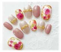 ￥100スタート::R18::ジェルネイルチップ::*☆ローズ柄・薔薇・ラメ・ジュエリー・上品_画像3