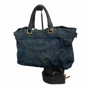 1円〜 【美品】PRADA プラダ カナパ　デニム　2way ハンドバッグ　トートバッグ ショルダーバッグ　ネイビー　大容量