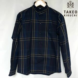 TAKEO KIKUCHI Takeo Kikuchi big tartan check stand-up collar shirt 1 S men's long sleeve check pattern navy 