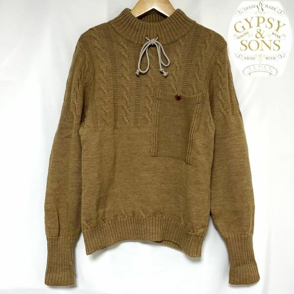 GYPSY&SONS ジプシーアンドサンズ エルボーパッチ ニット セーター 日本製 ウール100% レザー メンズ　キャメル フィンガーホール　1 S M