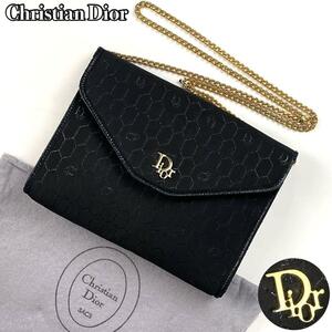 【美品】Christian Dior ディオール ショルダーバッグ 2way トロッター 総柄 ゴールド金具 ハニカム ラメ レザー チェーン 黒 ブラック