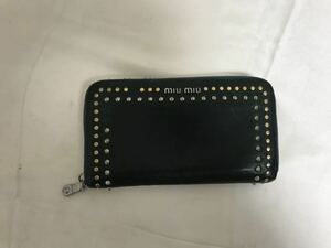 本物ミュウミュウmiumiu本革レザースタッズラウンドファスナージップ長財布サイフ札入れ紺ネイビー旅行トラベルレディース旅行トラベル