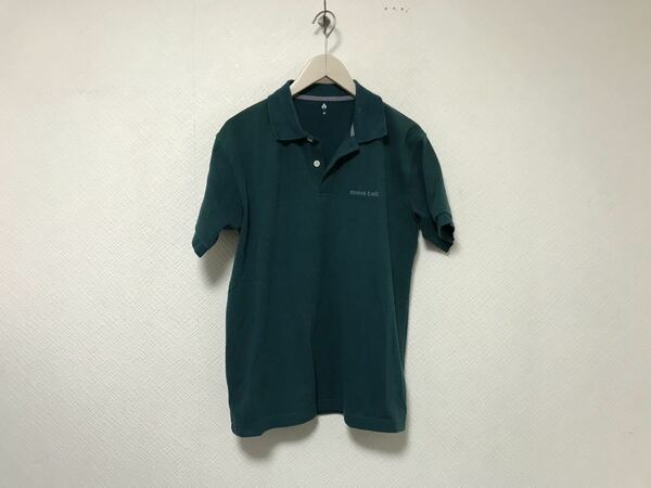 本物モンベルmontbellコットンロゴ刺繍半袖ポロシャツメンズアメカジサーフワークビジネススーツゴルフ緑グリーンM日本製
